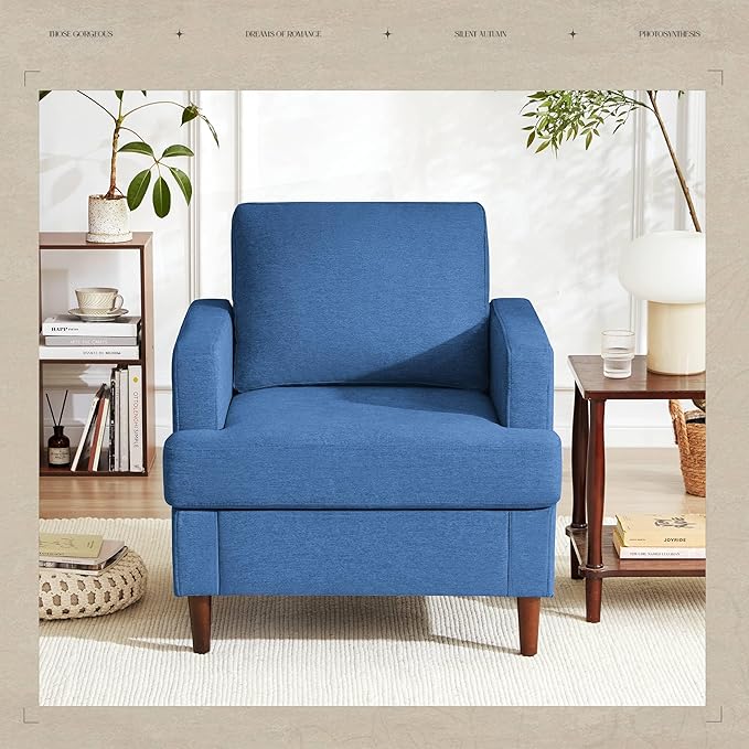 Mid-Century Accent ChairModern Linen Fabric Armchair for Living RoomComfy Upholstered Reading Accent Chairs for BedroomSingle Sofa Chair with Wood Legs (Blue 2 Pack)