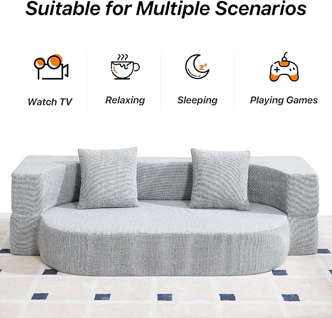Folding Sofa Bed Convertible Futon Sleeper Bed 2-in-1 Foldable Floor Mattress with 2 Pillows Breathable High-Density Foam Lazy Couch Comfy Lounge Chair Twin Size Light Gray