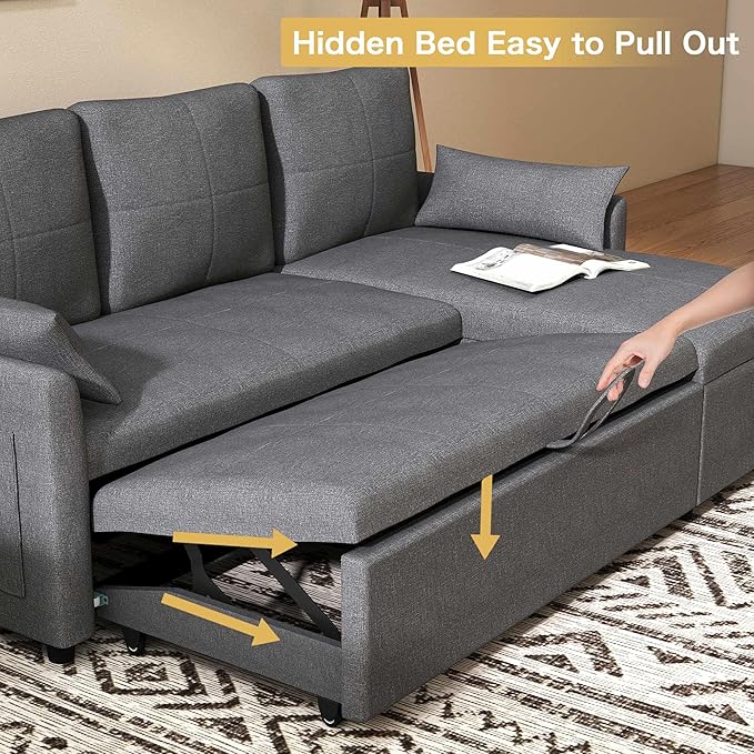 U Shaped Sleeper Sofa: 106 Grey Pull Out Couch with Storage Modern Convertible Sleeper Sofa Bed with Chaise 4 Seater Linen Couch Bed for Living Room