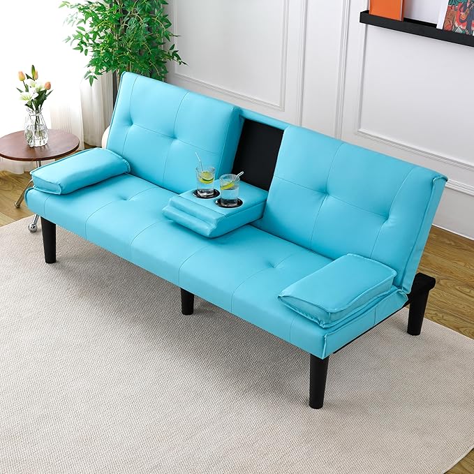 KEIKI 3 in 1 Convertible Sleeper Sofa Bed with Cup Holder Futon Sofa Bed for Living Room Dorm or Home Office Blue