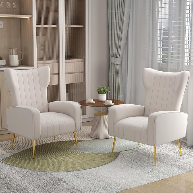 Accent Chair Upholstered Armchair with High Wingback &amp Metal Legs Mid-Century Modern Comfy Single Sofa Reading Chairs for Living Room Bedroom (White Set of 2)