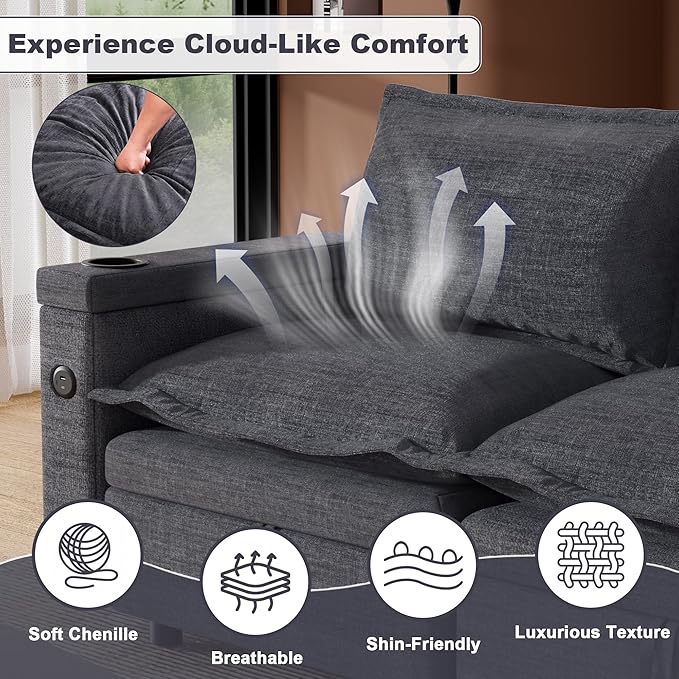 Modular Sectional Sofa 90.5 Cloud Sectional Couch with Deep Seat Modern Comfy L Shaped Couch with Chaise Boneless Couches for Living Room Bedroom No Assembly Required Dark Gray