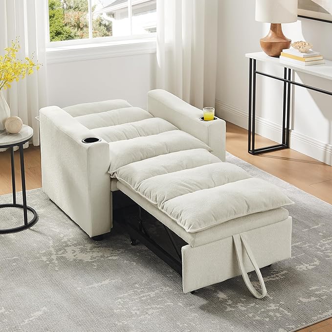 SLEERWAY 3 in 1 Convertible Sleeper Sofa Bed 36.14 W Easy Pull Out Chair Bed with Dual Cup Holders Comfy Thick Padding Futon Love Seat with Adjustable Backrest for Living Room Small Space (Beige)