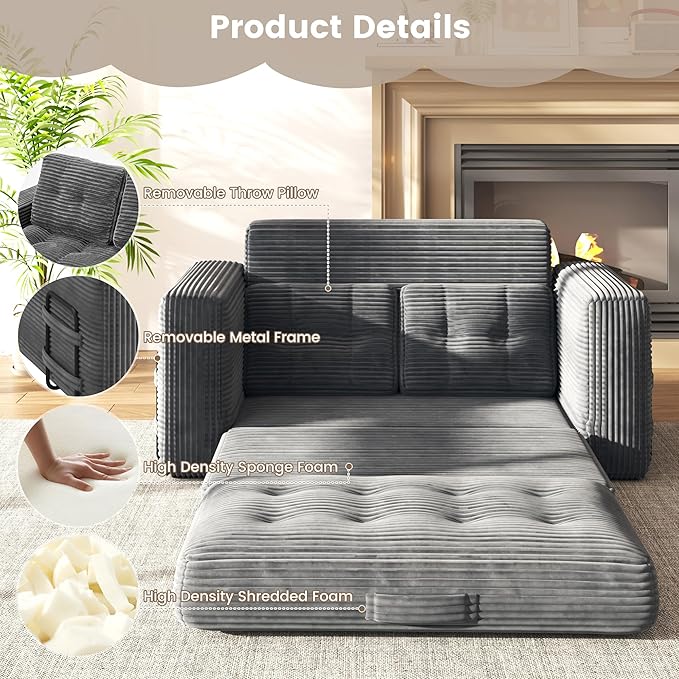 Convertible Sofa Bed 2 in 1 Boneless Couch Bed with 2 Pillows Corduroy Pull out Couch Folding Sofa Bed with Deep Seat Small Loveseat Sleeper Sofa Bed in a Box for Small Spaces No Assembly Required