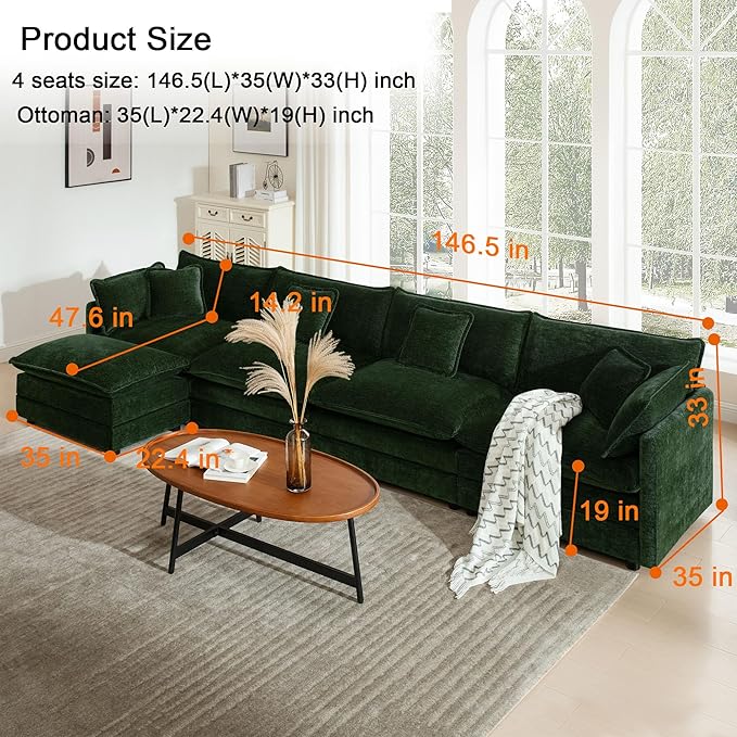 146.5 Convertible L Shaped Sectioanl Couch deep Cloud sectional Sofa with Movable OttomanGreen