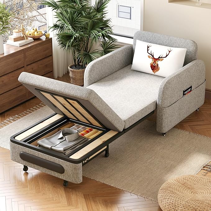 34.6 Pull Out Sofa Bed Convertible Sleeper Sofa 2-in-1 Couch Bed for Living Room &amp Small Spaces RV Sofa Bed Multi-Functional Folding Loveseat Gray