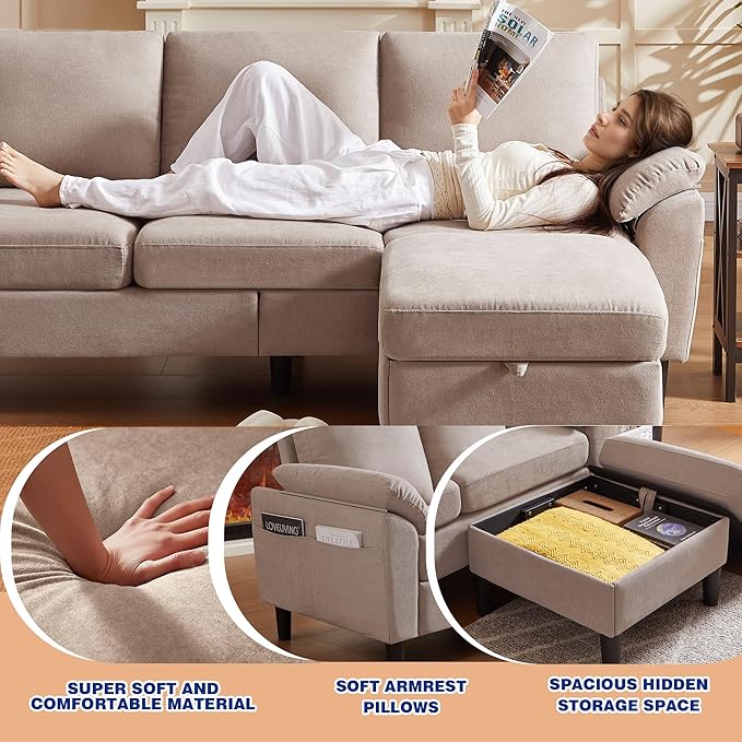 3 Piece Convertible Sectional Sofa Set Modern Linen Small L Shaped Couch with Reversible Ottoman and Accent Chair 3-Seat Sofa Couches for Living Room Office Apartment Beige