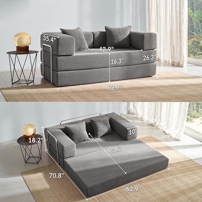 YINIX Sofa Bed 62'' Folding Floor Couch Compressed Convertable Sleeper Sofa Memory Foam Couch with Pillow Back Support Armrest 4-in-1 Futon Sofa Bed for Living Room Silver
