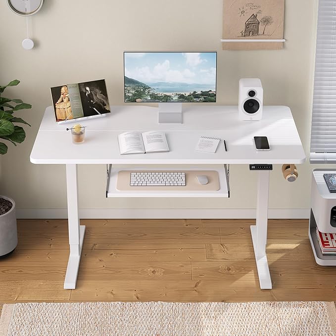 FEZIBO Standing Desk with Keyboard Tray 55 x 24 Inch Adjustable Height Sit Stand Desk with Memory Presets for Home Office Ergonomic Computer Workstation White