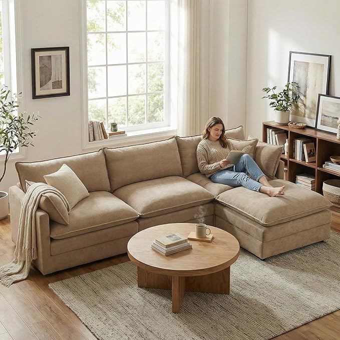 Homy Casa 102 Inch L Shaped Couch Set3-Seat Sectional Sofa with Chaise Comfortable Chenille Fabric Removable Cushions Ottoman DIY CombinationModern Design for Living/Family Room (Coffee)