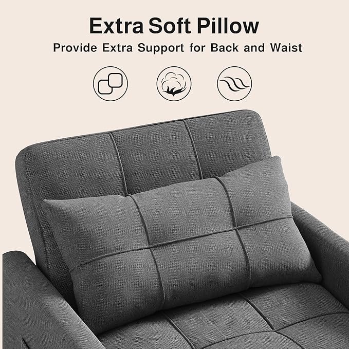 Ahomly Convertible Sofa Bed 3-in-1 Multi-Functional Sleeper Chair Bed Adjustable Backrest Recliner with Modern Linen Fabric for Living Room Bedroom Apartment Small Space Dark Grey