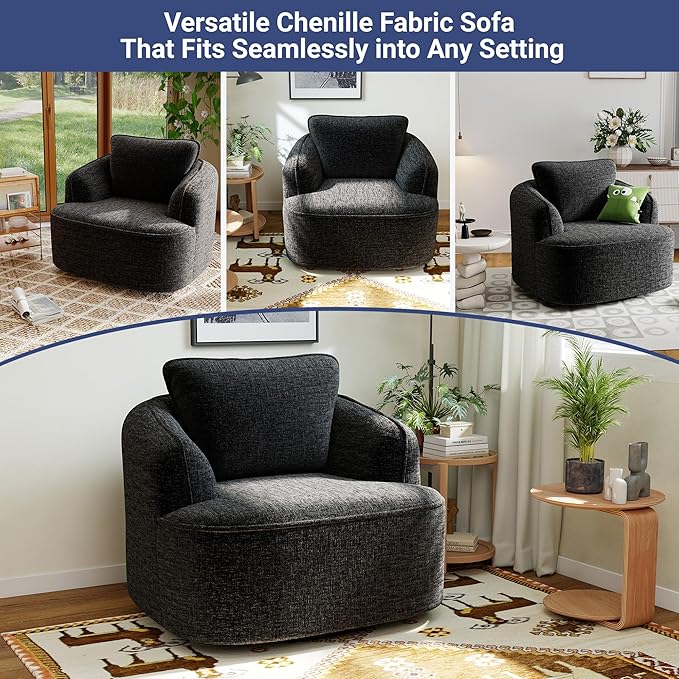 36 Swivel Barrel Chair 360° Rotating Accent Chair with Plush Chenille Upholstery Ergonomic Back &amp Boneless Comfort for Living Room Bedroom Office No-Assembly Charcoal Black