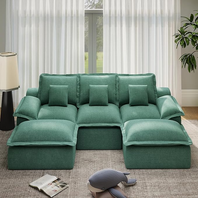 Modular Sectional Sofa 107'' Boneless Couches for Living Room 5-Seat Sofa with 2 Ottomans Cloud U Shaped Couch No Assembly Required Chenille Green