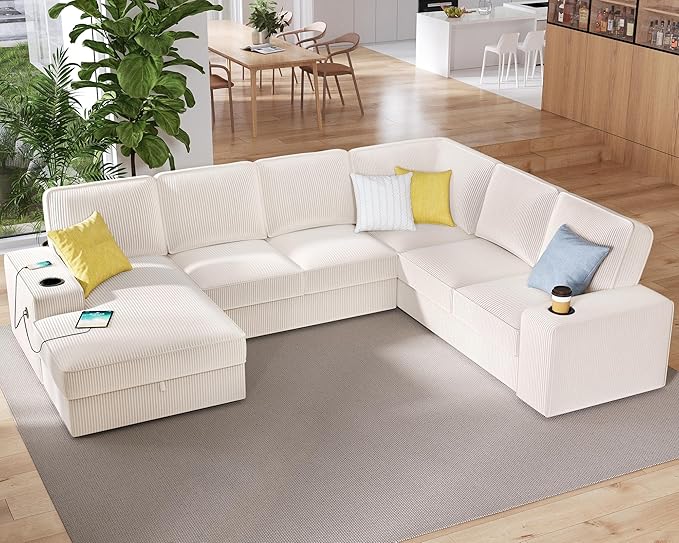 PaPaJet U Shaped Couch 112 Inch Oversized Couch with Storage Chaise Sectional Sofa with Cup Holders &amp 2 USB Ports Corduroy Beige Sofa