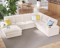 PaPaJet U Shaped Couch 112 Inch Oversized Couch with Storage Chaise Sectional Sofa with Cup Holders &amp 2 USB Ports Corduroy Beige Sofa