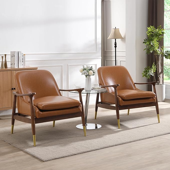 Christopher Knight Home Set of 2 Ashton Mid-Century Modern Faux Leather Accent ChairSolid Wood Club ChairErgonomic Cushion SeatCozy Lounge ChairReading ChairLiving Room/Bedroom/Office Brown