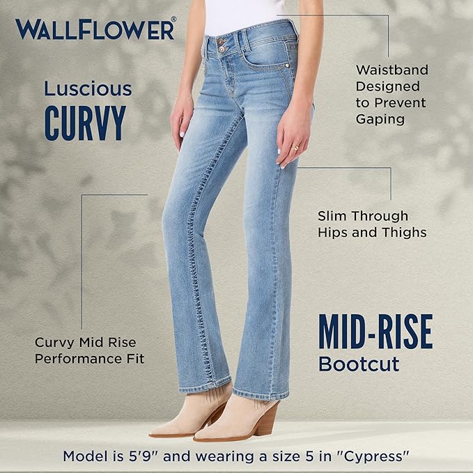 WallFlower Luscious Curvy Bootcut Jeans for Women Mid-Rise Insta Stretch Denim Size-Inclusive Juniors Jeans