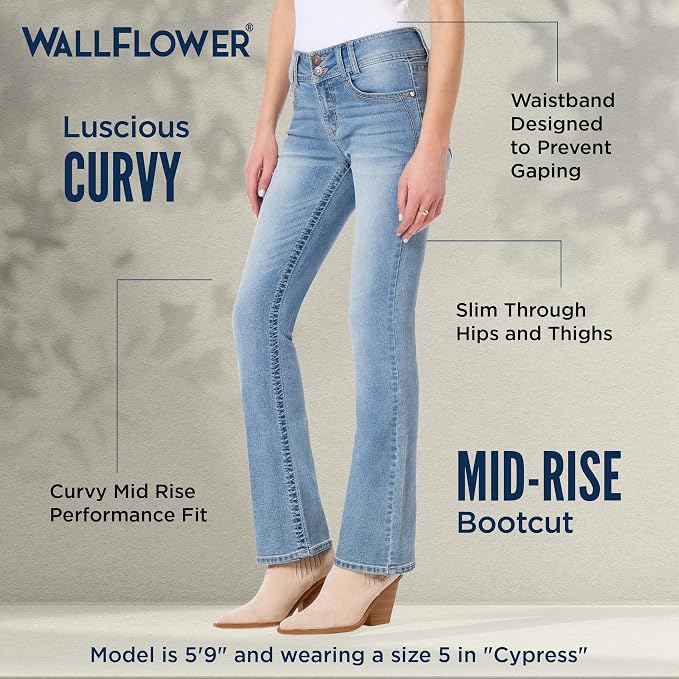 WallFlower Luscious Curvy Bootcut Jeans for Women Mid-Rise Insta Stretch Denim Size-Inclusive Juniors Jeans