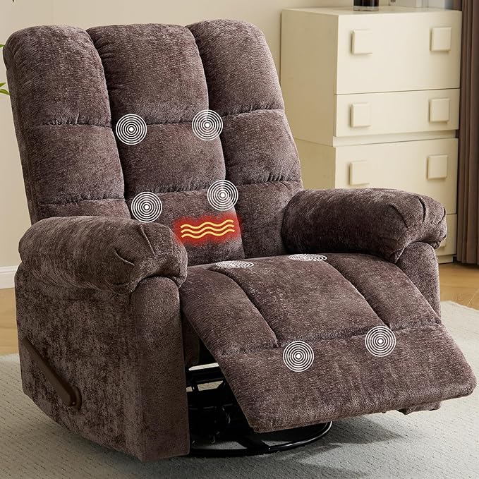 Oversized Swivel Rocker Recliner with Massage and Heat Overstuffed Rocking Chair with High Back Manual Rocker Recliner for Adults &amp Big Man Comfy Soft Recliner Chair Coffee Chenille
