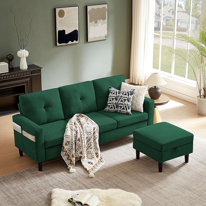 Sectional Sofa Couches for Living Room L Shaped Couch 3-Seat Convertible Sectional Sofas with Removable Storage Ottoman Modern Polyester Fabric (Green)