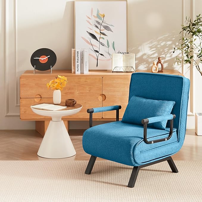 Foldable Chair Bed Comfortable Convertible Sofa Bed 5 in 1 Foldable Bed with 5 Adjustable backrests and Pillows Suitable for Comfortable Cushion Chair in The Office. (Blue+Linen+1Seat)