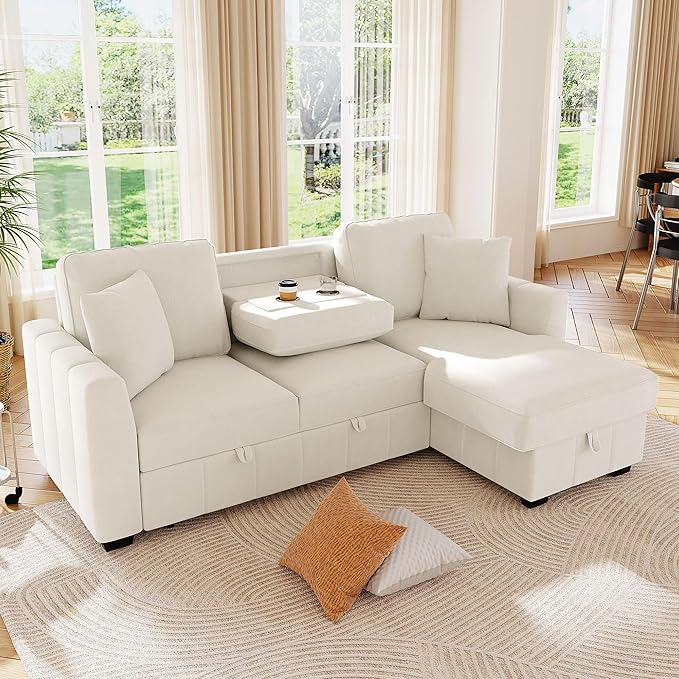 90 L-Shaped Sectional Sleeper Sofa with Reversible Storage Chaise Warp Knitted Fabric Upholstered Convertible Modular Couch with Acacia Wood Frame Drop-Down Center Back Cup Holders (Beige-12.30)