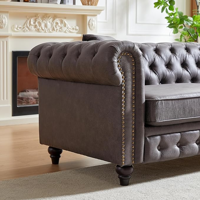 2 Piece Mid Century Modern Couch Set Retro Button Tufted Chesterfield Sofa muebles para la sala Comfy Deep Seat Upholstered Office Furniture Living Room Sofas Set (Leather Gray Couch and Loveseat)