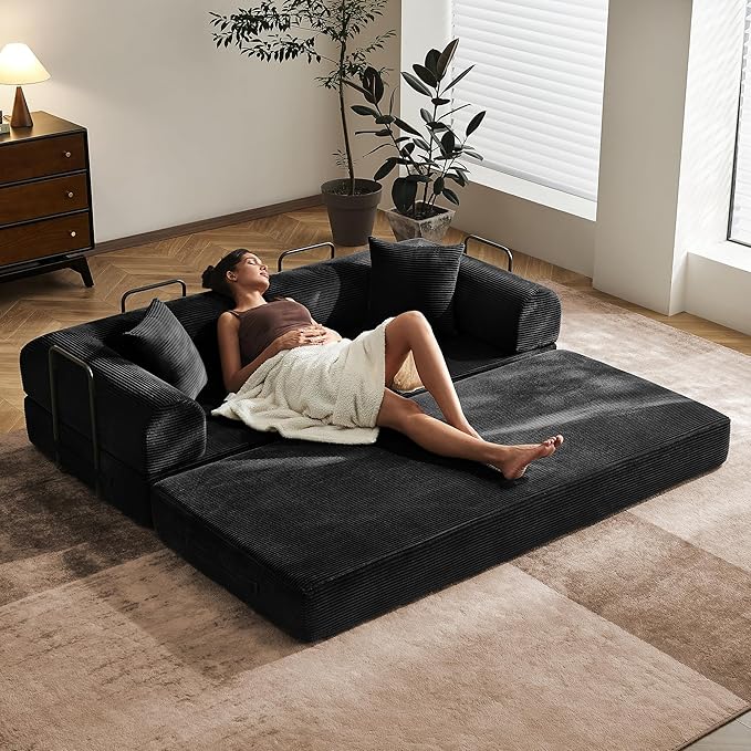 79 Convertible Sofa Bed with Fixed-Shape Frame &amp Removable Armrests Modular Corduroy Sleeper Sofa Folding Mattress Couch for Small Spaces - No Assembly Needed in Black (Includes 2 Pillows)
