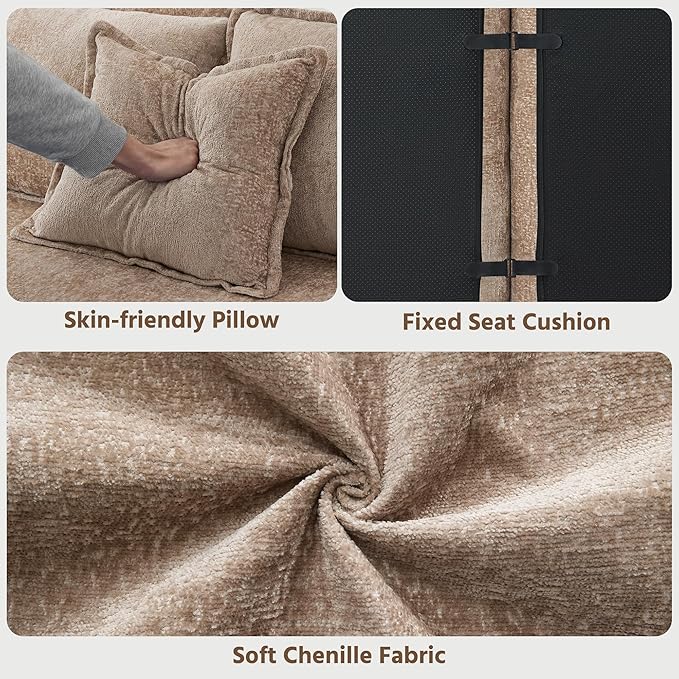 Modern Luxurious Oversized Boneless Couches Sectional Curved Sofa with 6 Pillows L-Shape Boneless Couch with Deep Seat High-Density Memory Foam No Assembly Required Chenille (Brown)