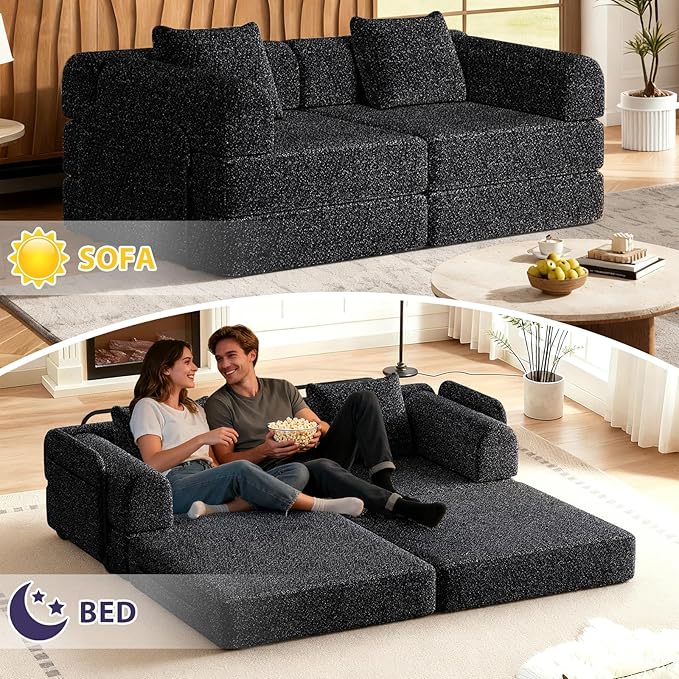 Convertible Sofa Bed 72.4+ 72.4 Sectional Couch 4-Seater with Storage Pockets Modular Sleeper Couch Chenille Folding Floor Boneless Lounge Sofa for Living Room Guest Room Black