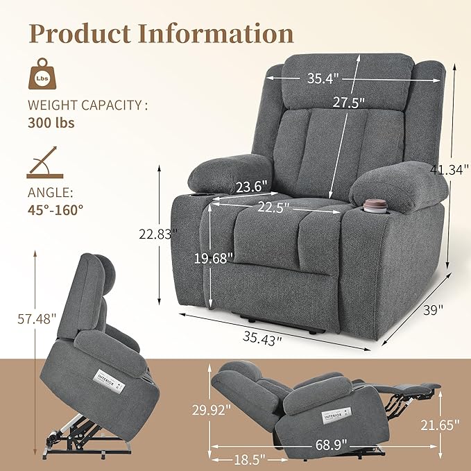 Oversize Power Lift Recliner Chair for Big and Tall with Extended Footrest Large Electric Lift Chairs 400lbs Capacity Remote Control Cup Holders &amp Side Pockets