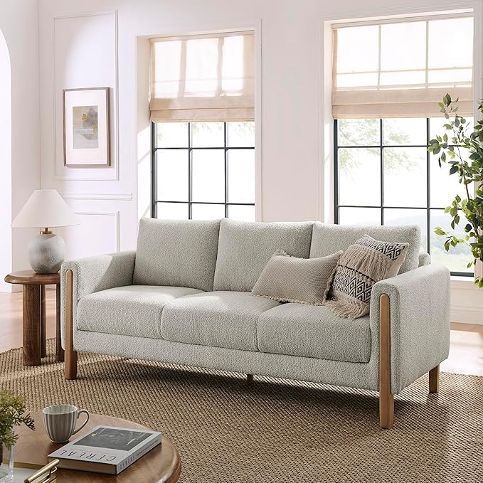 Modway Hawken 75 Inch Mid-Century Modern Boucle Sofa in Parchment Beech with Wood Legs – Comfortable 3-Seater Couch for Living Room Apartment or Office Lounge