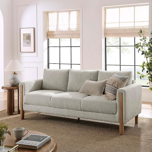 Modway Hawken 75 Inch Mid-Century Modern Boucle Sofa in Parchment Beech with Wood Legs – Comfortable 3-Seater Couch for Living Room Apartment or Office Lounge