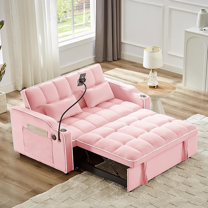 SLEERWAY 3-in-1 Convertible Futon Sofa Bed Chair Multi-Functional Sleeper Chair Bed with Pull Out Couch and Adjustable Backrest Modern Velvet Chaise Lounge Loveseat for Living Room Bedroom Pink