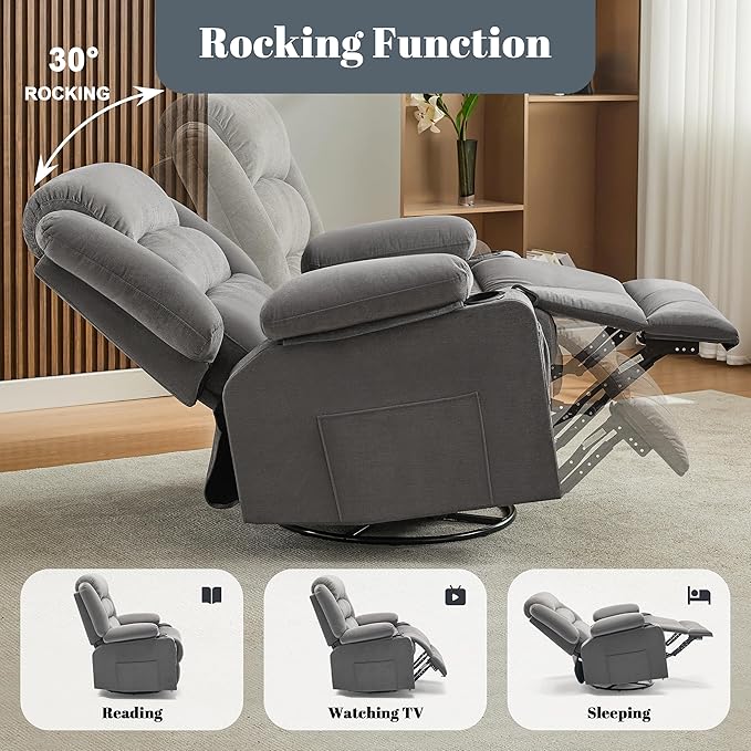 Oversized Recliner Chair with Heat and Massage 360° Swivel Chairs for Adults Nursery Rocking Recliner Single Sofa Seat with Cup Holders Lazy Boy Recliner Single Sofa (Oversized Manual Grey)