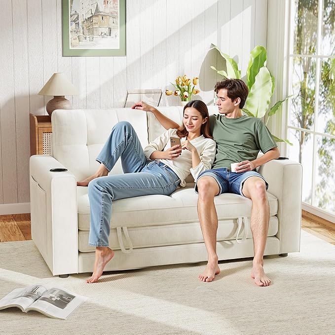 Convertible Sofa Bed Pull Out Loveseat Sleeper Sofa 2 in1 Folding Couch Bed Floor Sofa Couch for Small Spaces Fold Out Floor Bed with Pillows for Living Room Bedroom - Beige