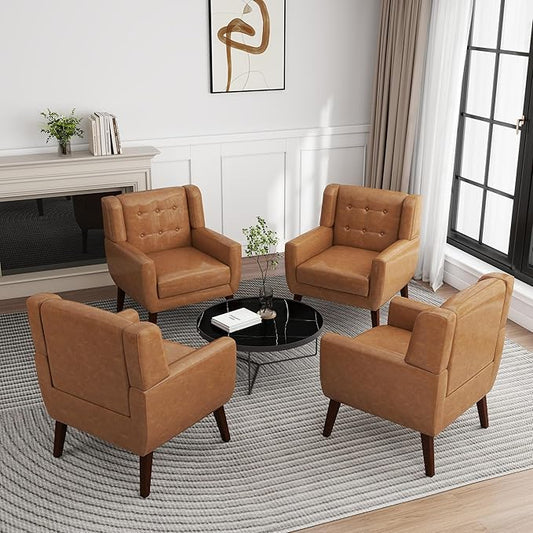 UIXE Faux Leather Accent Chairs Set of 4 Modern Arm Club Chair Upholstered Armchair for Living Room Comfy Single Sofa Seats Button Tufted Reading Seating Brown