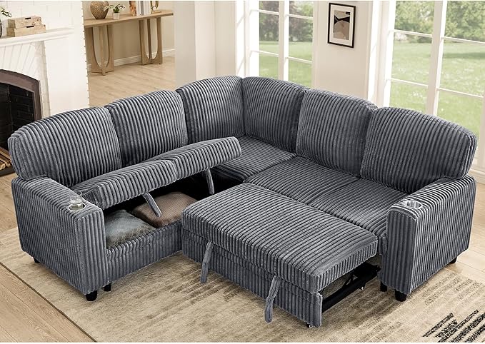 KEIKI 81 L-Shaped Oversized Corduroy Modular Sectional Sleeper Sofa with Pull-Out Bed Storage Seat Modern 5-Seater Upholstered Couch Bed with Charging Station Easy Assembly for Living Room Grey