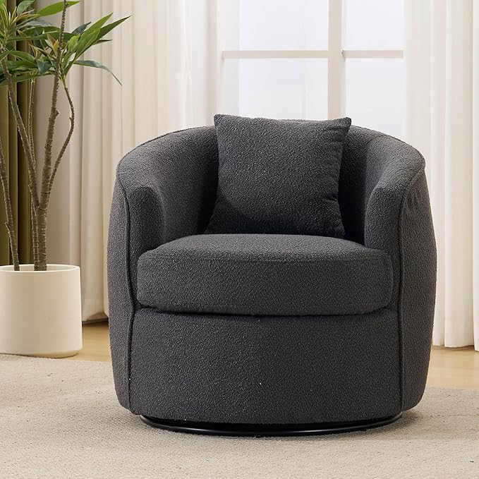 Swivel Barrel Chairs 32 Inches Wide No Assembly Round Upholstered Armchairs Accent Chairs Single Sofa Chair for Living Room (Dark Grey Set of 1)