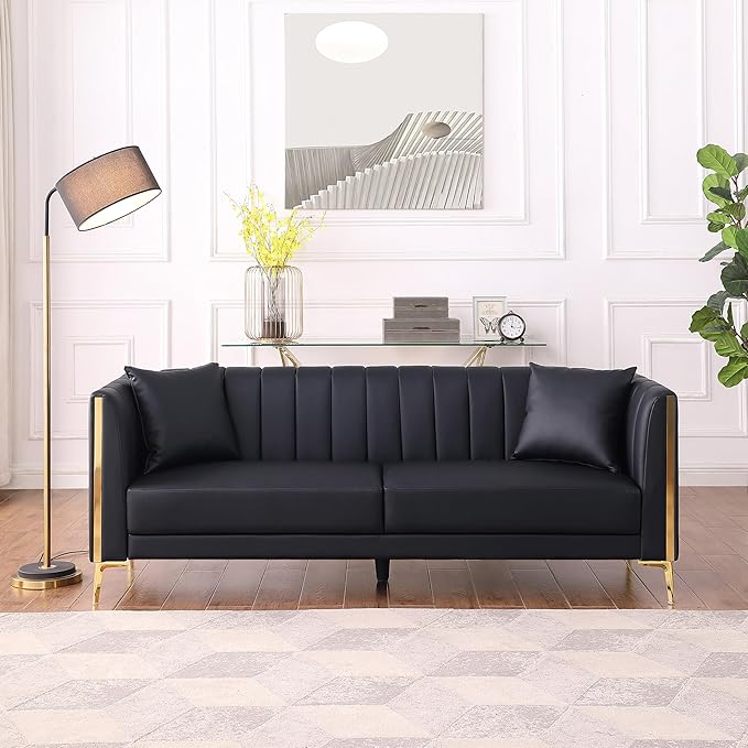 FOTOSOK Black Leather Couch Sofa Office Couches for Living Room 78'' Apartment Faux Leather Sofa with 2 Throw Pillows and Gold Metal Legs Waterproof 3 Seater Couches for Small Living Room