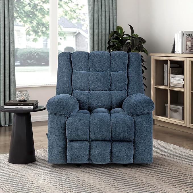 Lexicon Chenille Rocker Reclining Chair for Adults Rocker Pull Handle Recliner Nursery Chair for Living Room/Bedroom High Back Pillow Top Arms High Density Foam Cushions Blue