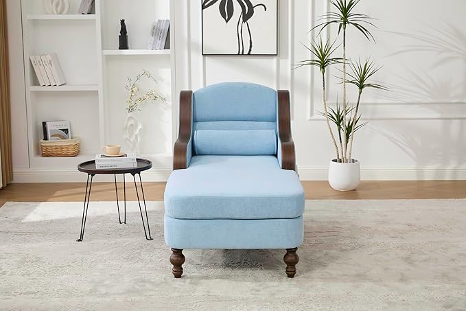 Upholstered Oversized Chaise Lounge Chair Solid Wood Frame Comfy Arm Chair with Thick Double-Layer Cushion Curved Armrests Modern Overstuffed Sleeper Recliner for Bedroom Living Room (Light Blue)