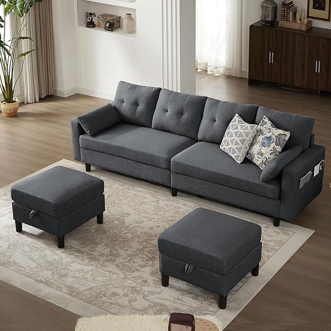 Convertible Sectional Sofa Modern U Shaped 4 Seat Couch with Storage Ottoman Comfy Sectional Couches for Living Room Apartment Dark Grey