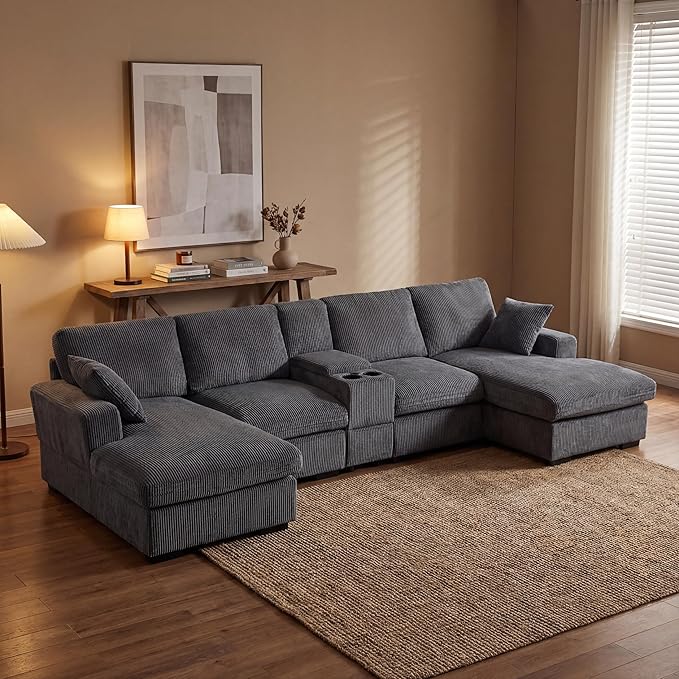 126 U Shaped Sofa Modular Sectional Sofa with Chaise Lounges Modern Couch with Storage Console USB Charging Ports &amp Cup Holders Corduoy Upholstered Deep Seat Couch for Living Room Grey | sto