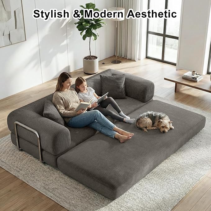 78Inch Compression Sofa 4-in-1 Convertible Floor Sleeper Sofa Bed Folding Sofa Couch with Pillow Support Armrest Cloud Corduroy Foldable Mattress for Living Room Bedroom
