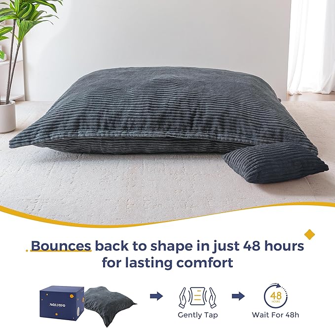 MAXYOYO Giant Bean Bag Chair with Pillow 3 in 1 Convertible Bean Bag Chair for Adults with Washable Cover Removable Floor Cushion Stuffed Floor Lounger for Living Room Bedroom Dark Grey Queen