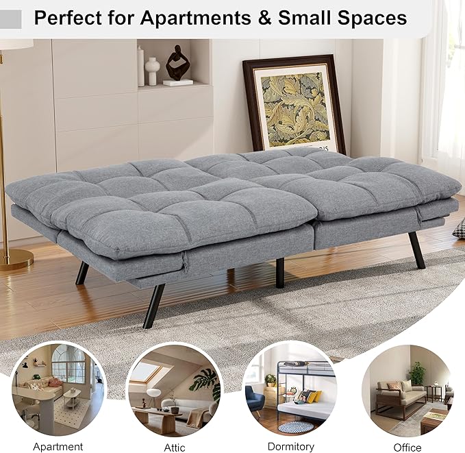 MUUEGM 71 Futon Sofa Bed Comfortable Memory Foam Futons Sofa with Adjustable Backrest &amp Armrests Convertible Loveseat Futon Bed for Compact Living Room Apartment Office Grey