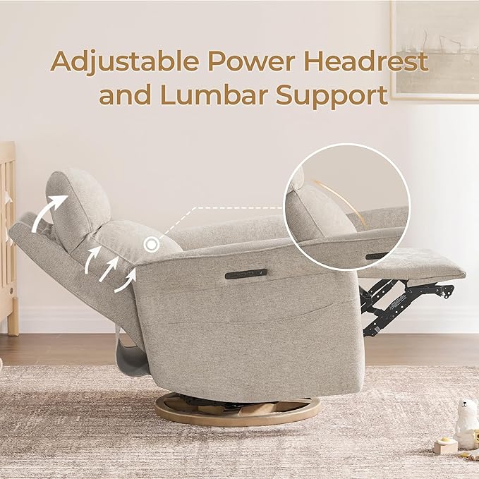 CHITA Power Recliner Chair Electric Triple-Motor Swivel Glider Nursery Rocking Chair with Adjustable Power Headrest and Lumbar Support GREENGARD Gold Certified Solid Wood Base Khaki Grey
