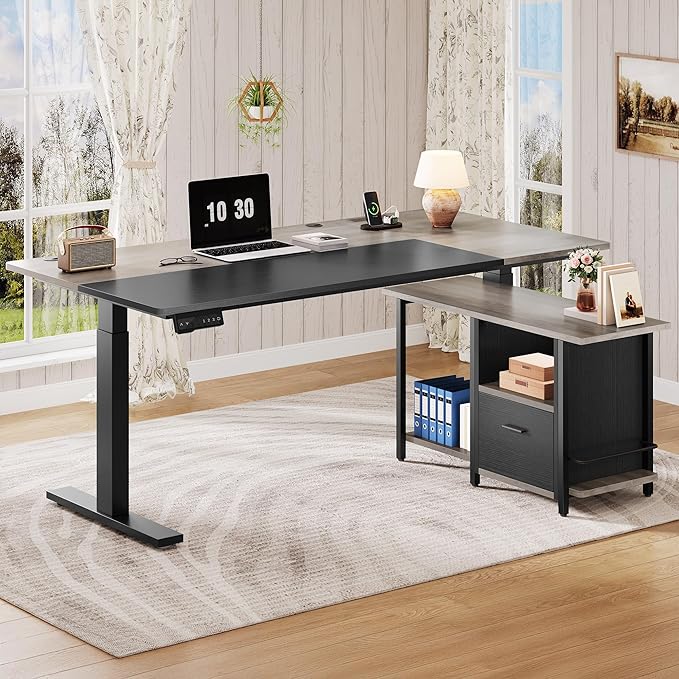 YITAHOME L Shaped Standing Desk with Power Outlets 70.1 Electric Standing Desk Adjustable Height Sit Stand Corner Standing Desks Executive Desk with Drawers &amp Shelves Grey + Black