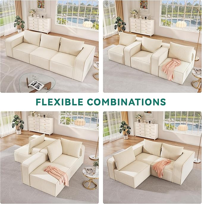 DWVO Oversized Deep Modular Sectional Sofa 3-Seat Cloud Couch with 3 Pillows Corduroy Sectional Couches for Living Room Apartment Office Hotel Bedroom No Assembly Needed Milky White